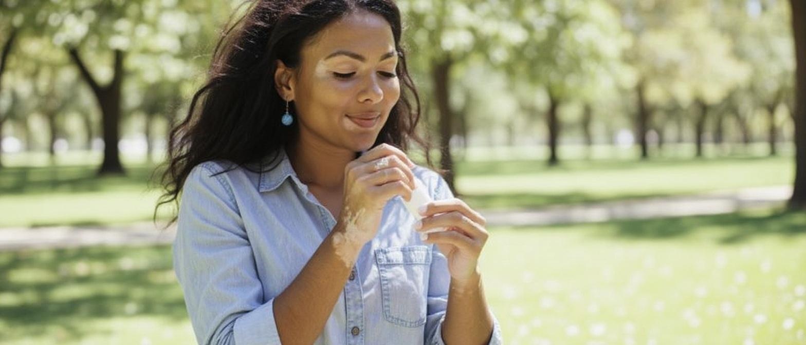 Applying sunscreen to protect vitiligo patches