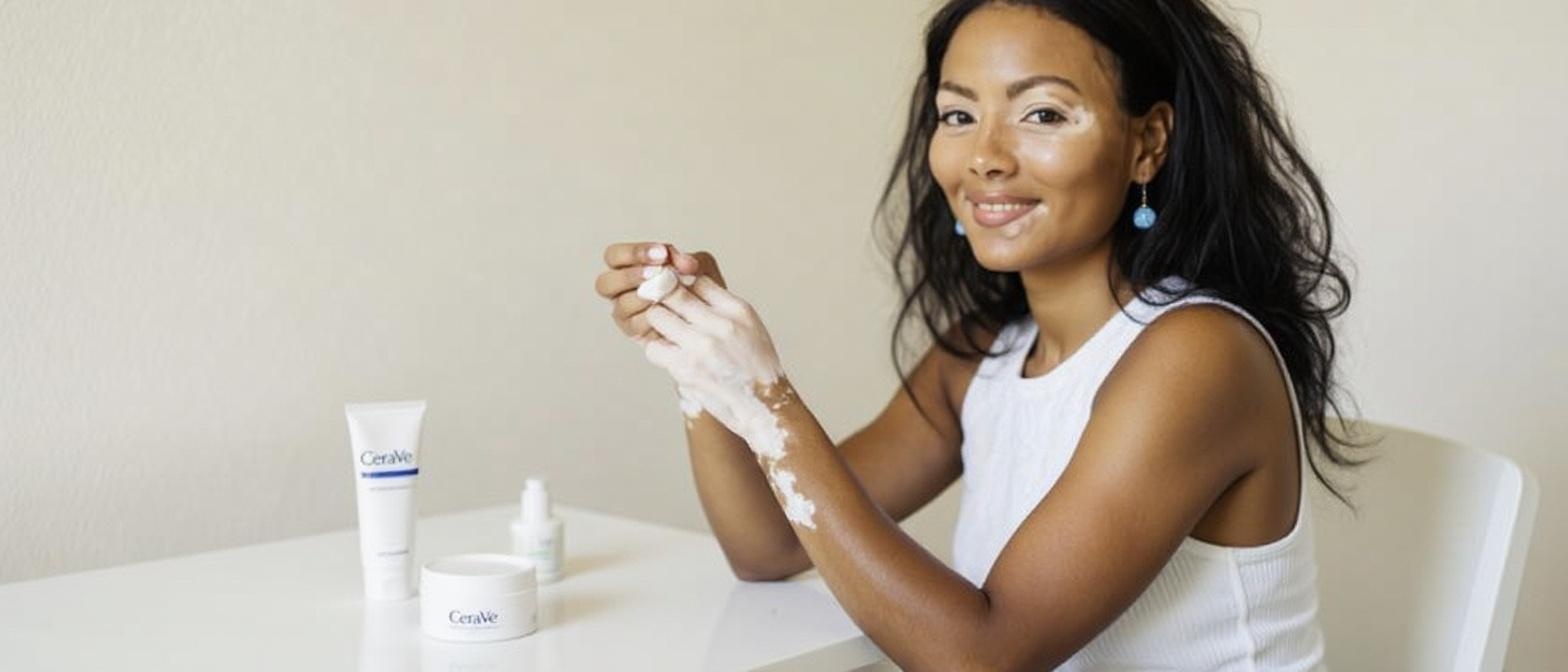 Applying moisturizer as part of a vitiligo skincare routine